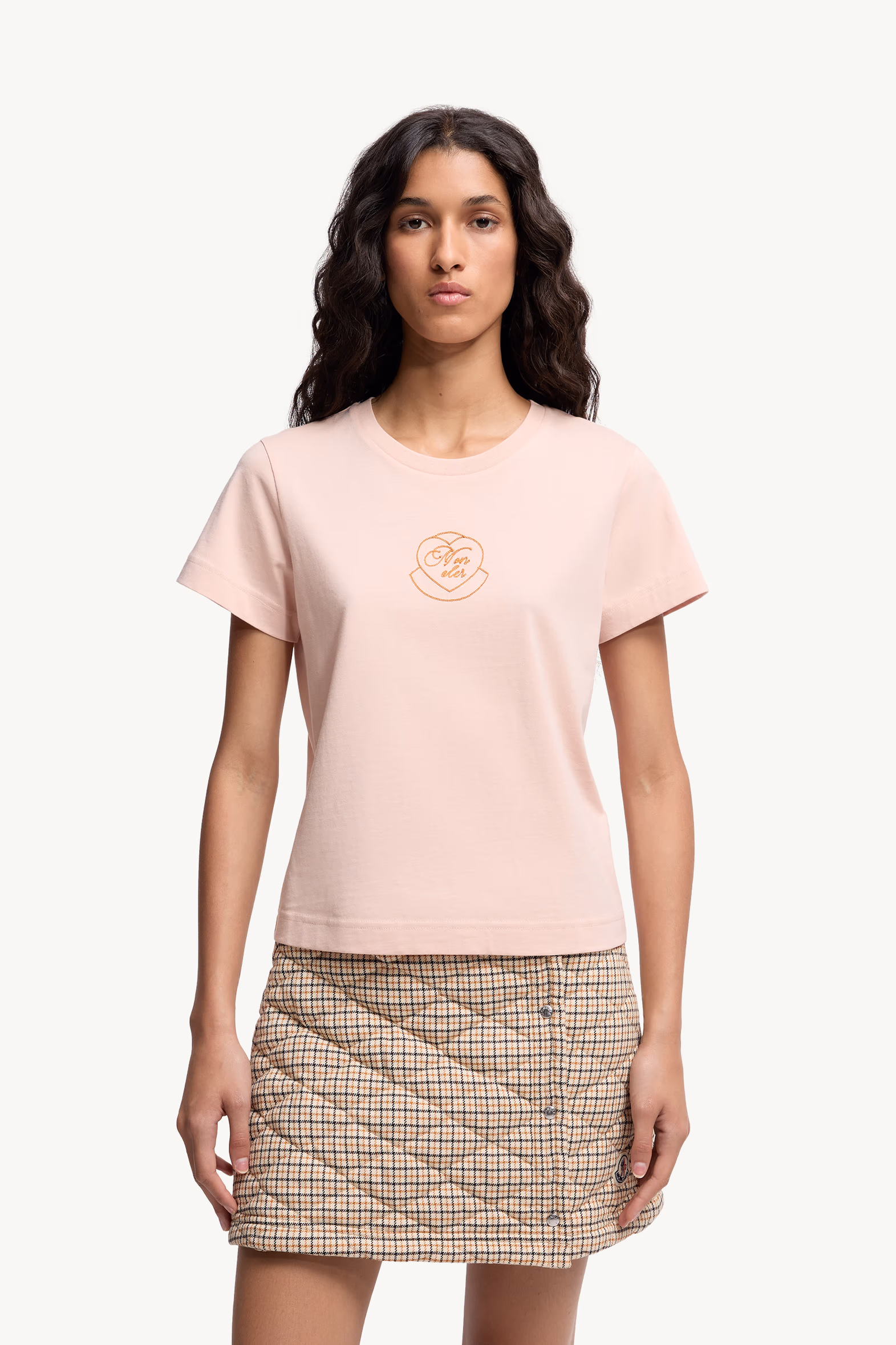 Embroidered Heart Logo Cotton T-Shirt Women Light Pink Moncler 3